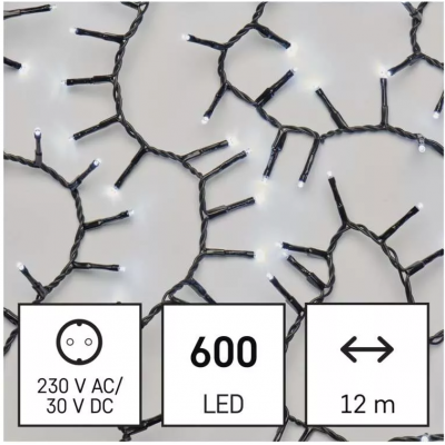 Lampki choinkowe LED Classic Cluster 600 LED 12m zimna biel IP44 timer EMOS (D4BC03)